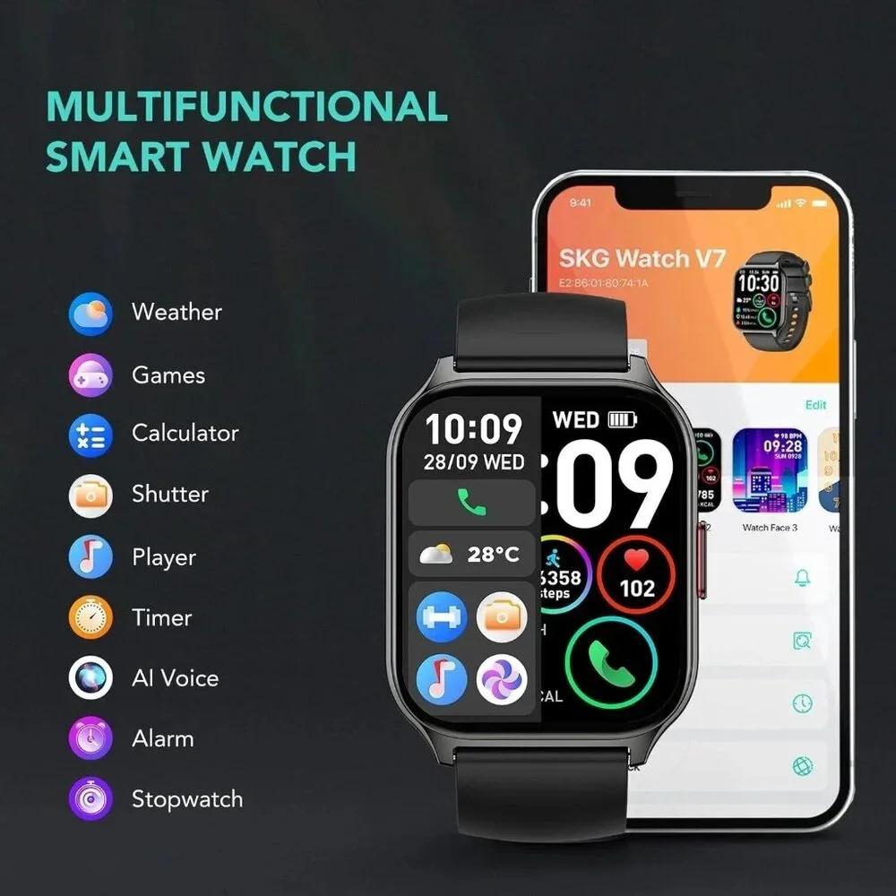 SKG V7-2 Smart Watch 1.95 in Screen Android Iphone Fitness Tracker IP68 Black